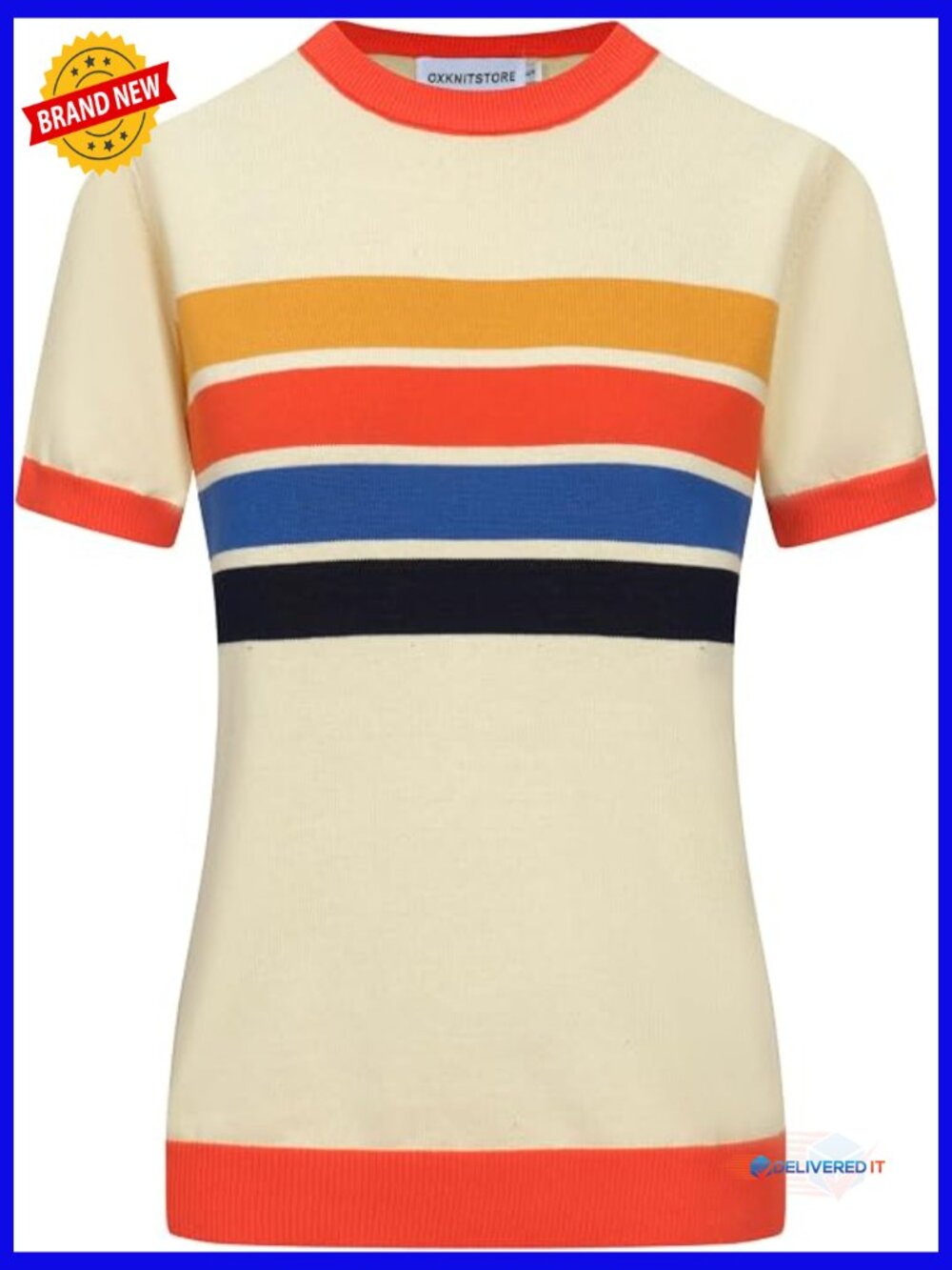Vintage 1960s Retro Knit Short Sleeve T-Shirt Crew Neck Cotton Striped